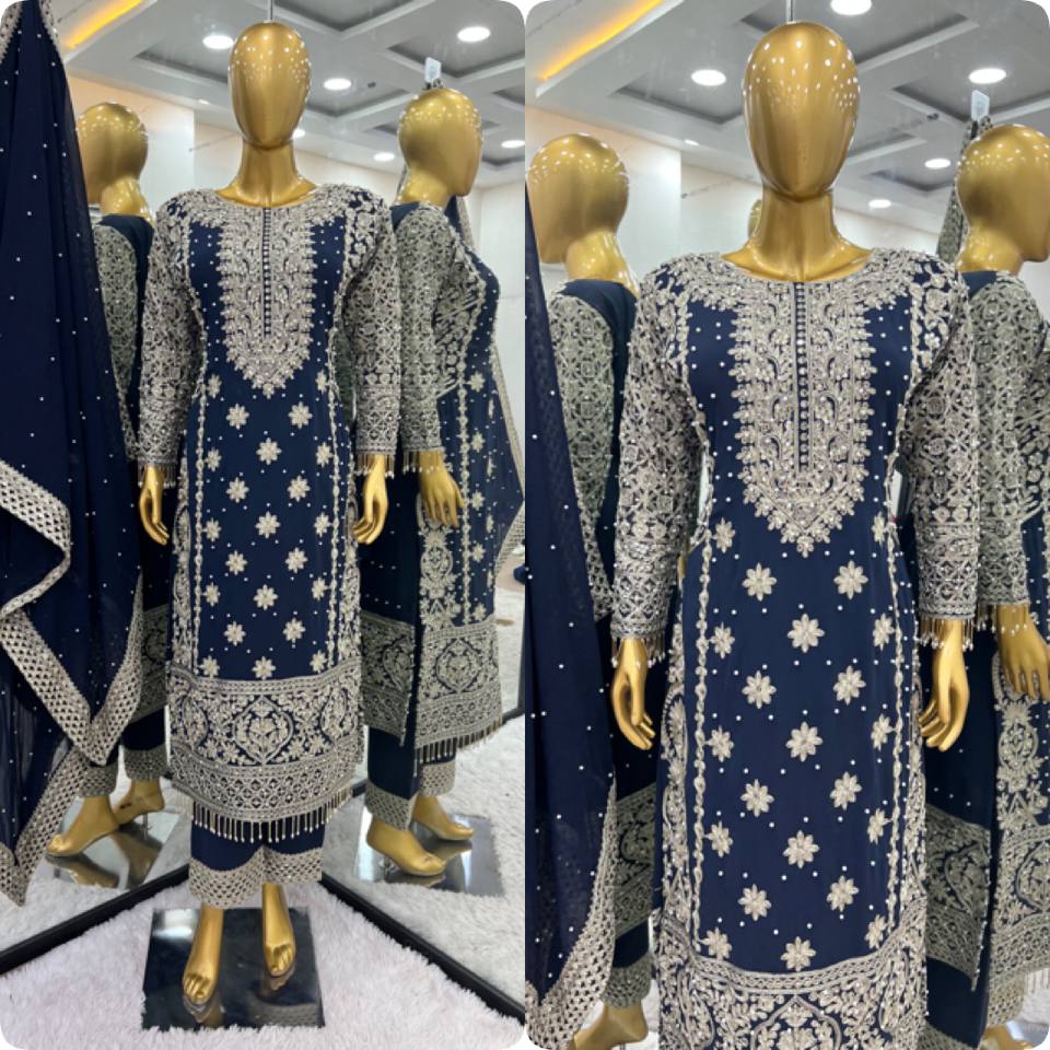 Royal Midnight Embroidered Palazzo Suit with Pearl Net Dupatta