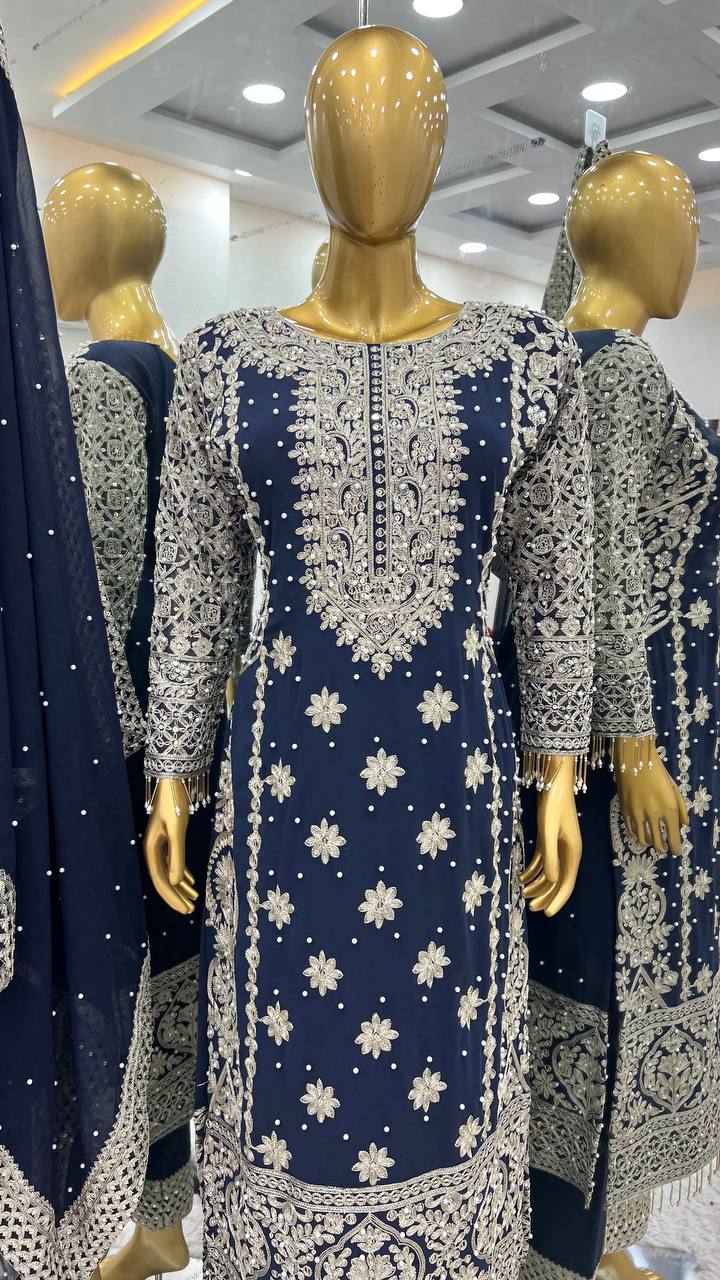 Royal Midnight Embroidered Palazzo Suit with Pearl Net Dupatta