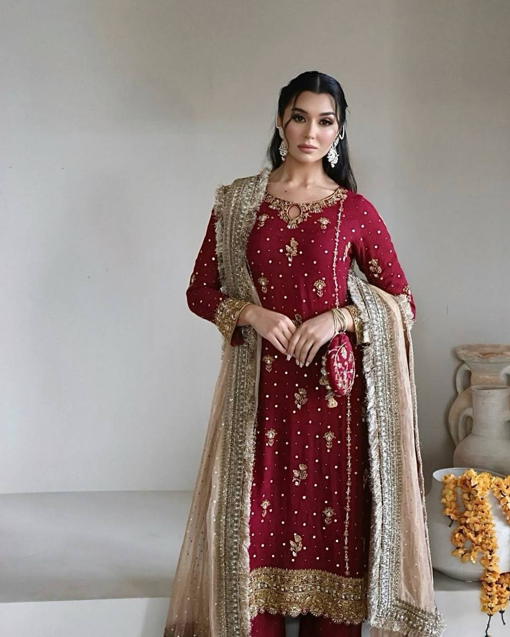 green emerald velvet dress Maroon Majesty Heavy Embroidered Sharara Suit with Gold Net Dupatta –  Drapes Dress