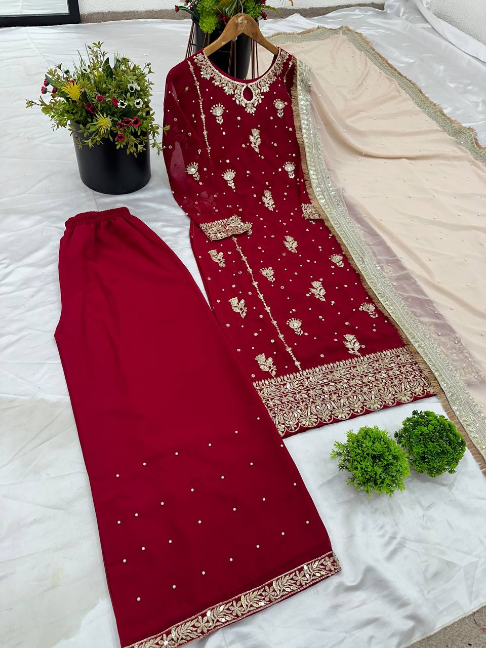 Maroon Majesty Heavy Embroidered Sharara Suit with Gold Net Dupatta - Drapes Dress