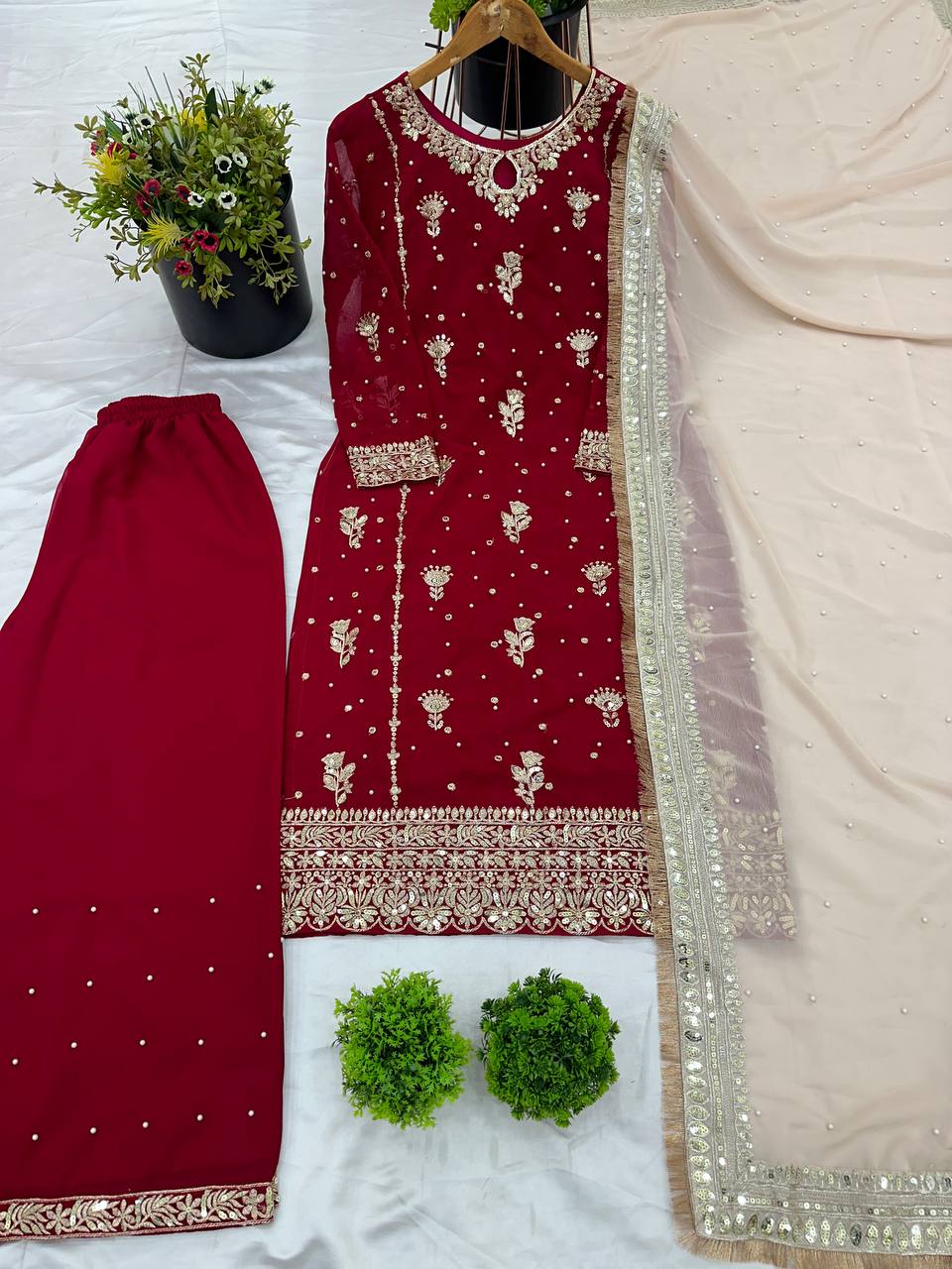 Maroon Majesty Heavy Embroidered Sharara Suit with Gold Net Dupatta - Drapes Dress