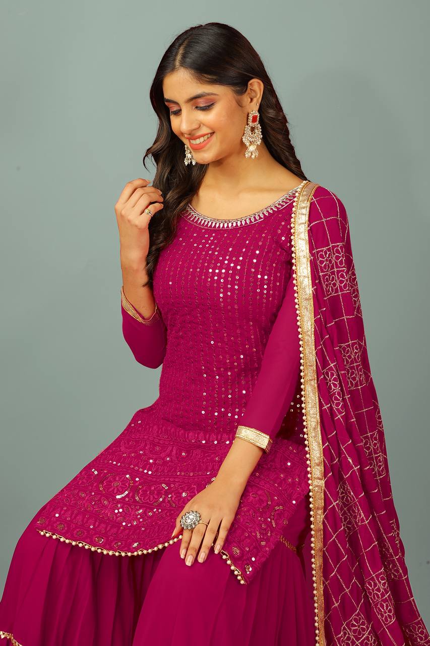 Zari Mirror Work Georgette Sharara Suit Set - Drapes Dress