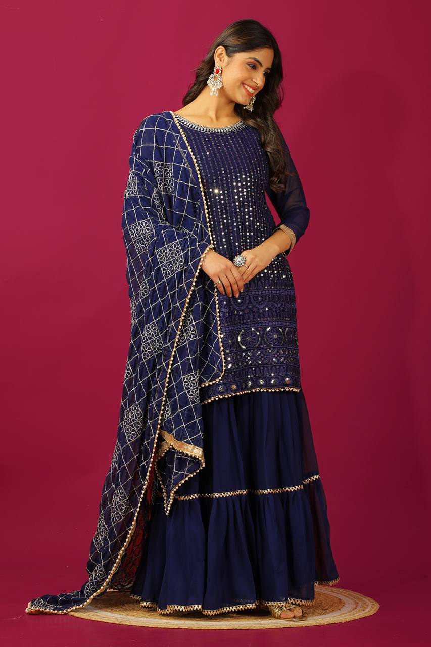 Zari Mirror Work Georgette Sharara Suit Set - Drapes Dress