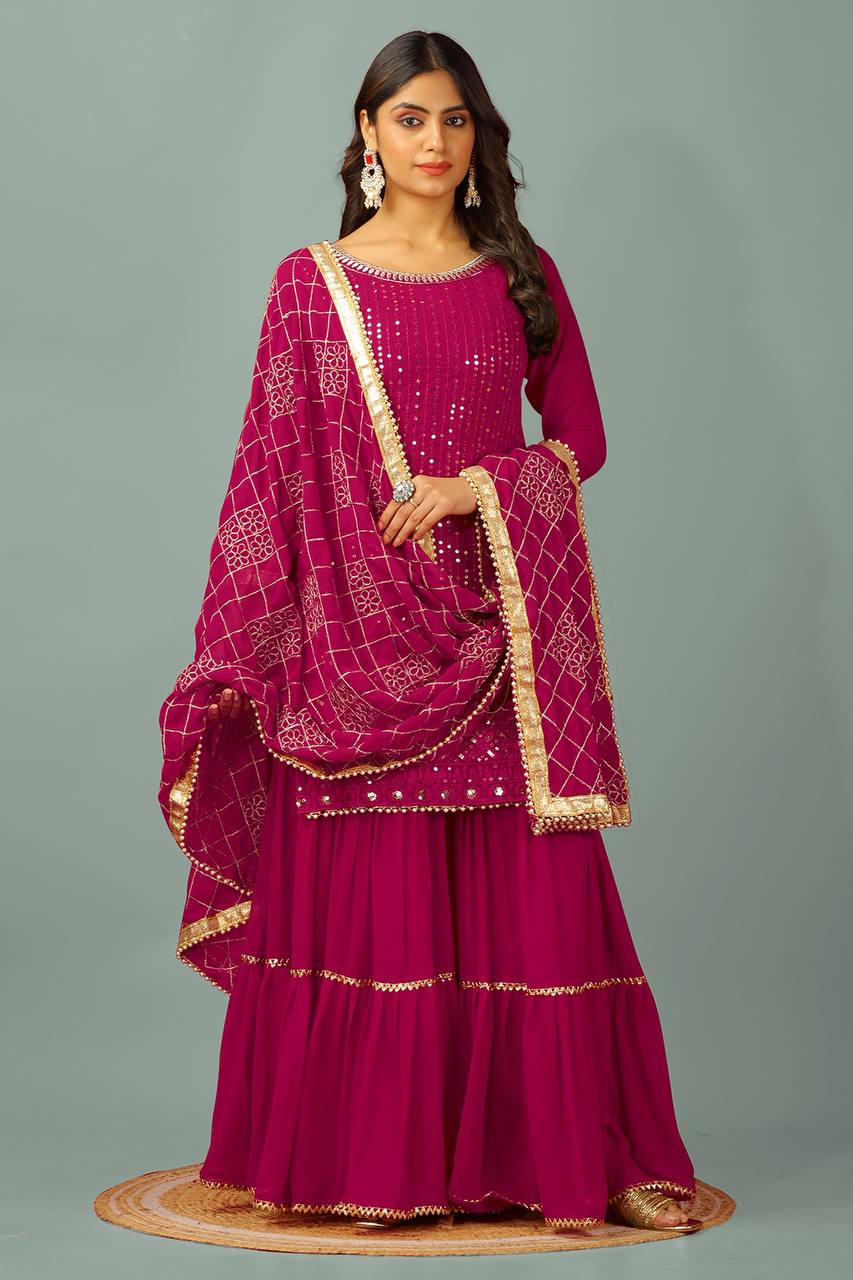 Zari Mirror Work Georgette Sharara Suit Set - Drapes Dress