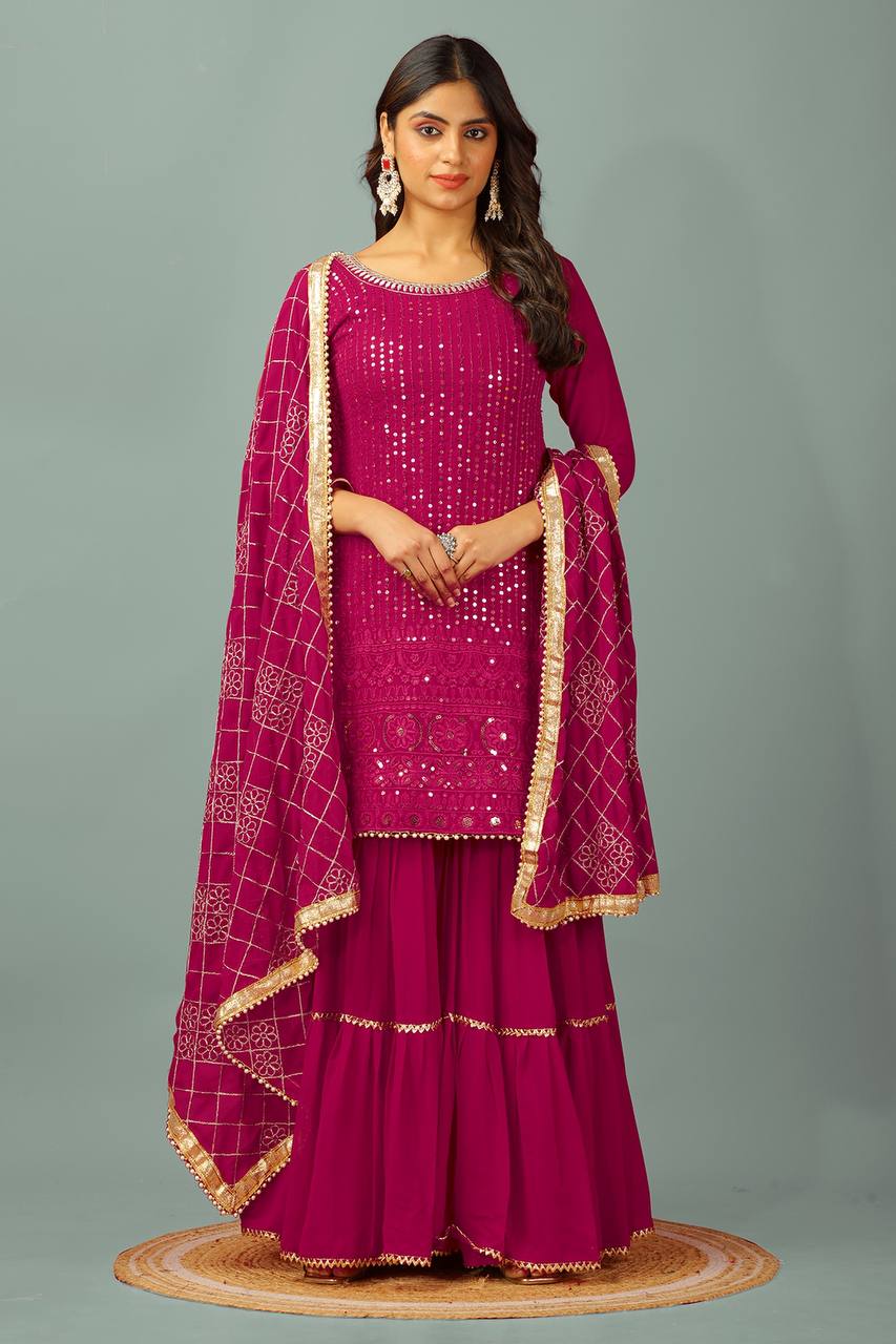 Zari Mirror Work Georgette Sharara Suit Set - Drapes Dress