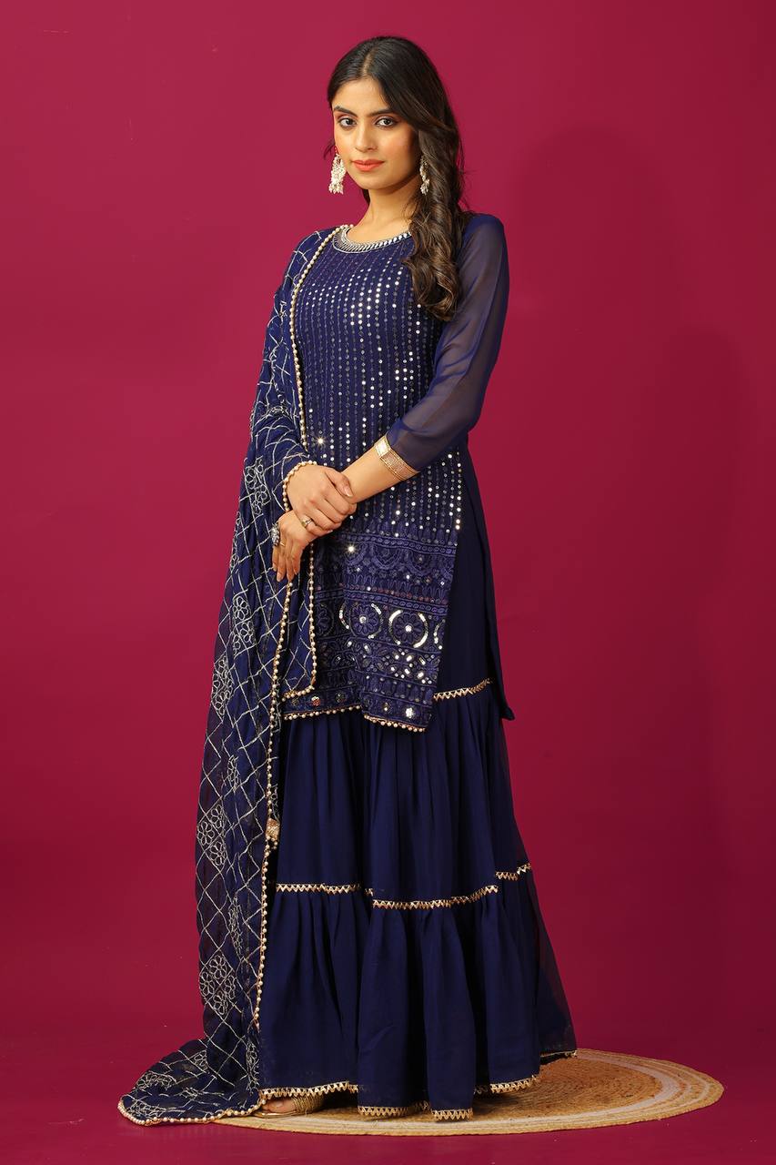 Zari Mirror Work Georgette Sharara Suit Set - Drapes Dress