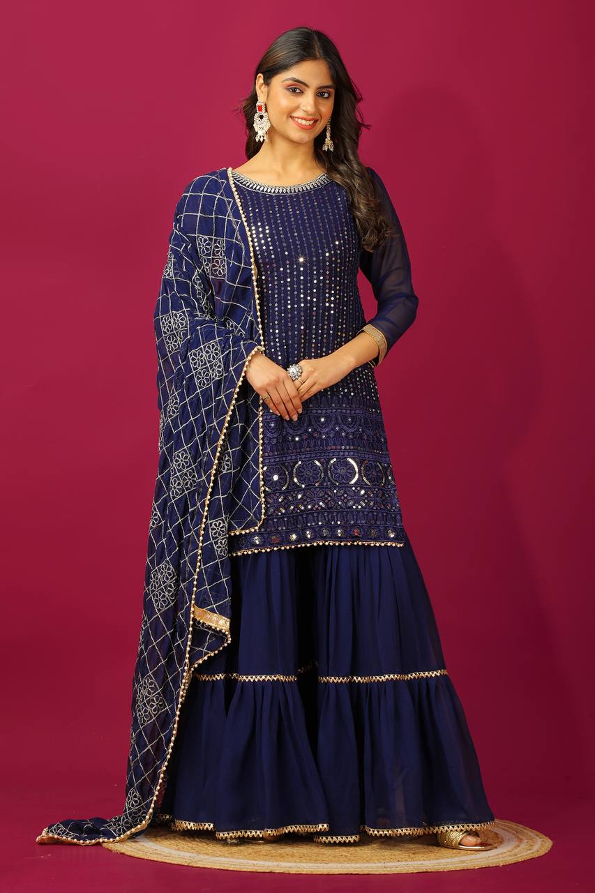 Zari Mirror Work Georgette Sharara Suit Set - Drapes Dress