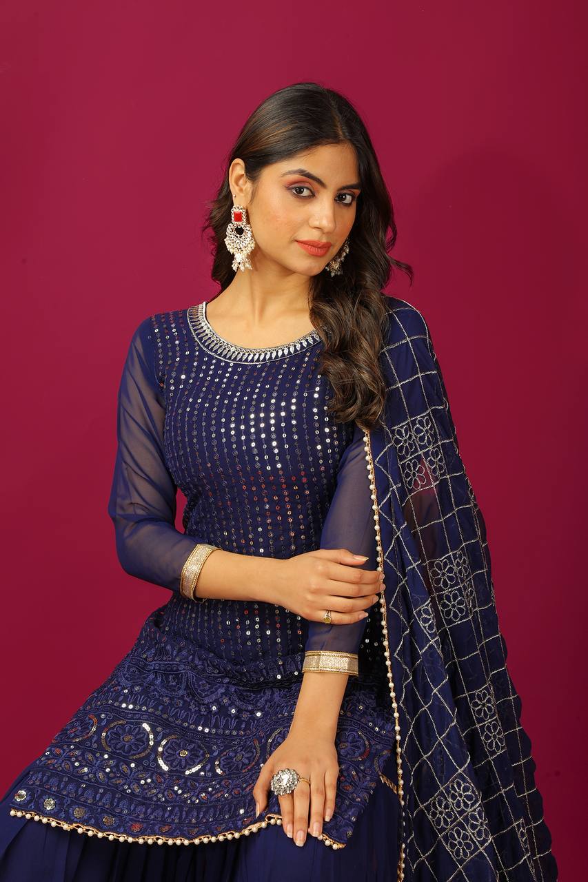 Zari Mirror Work Georgette Sharara Suit Set - Drapes Dress