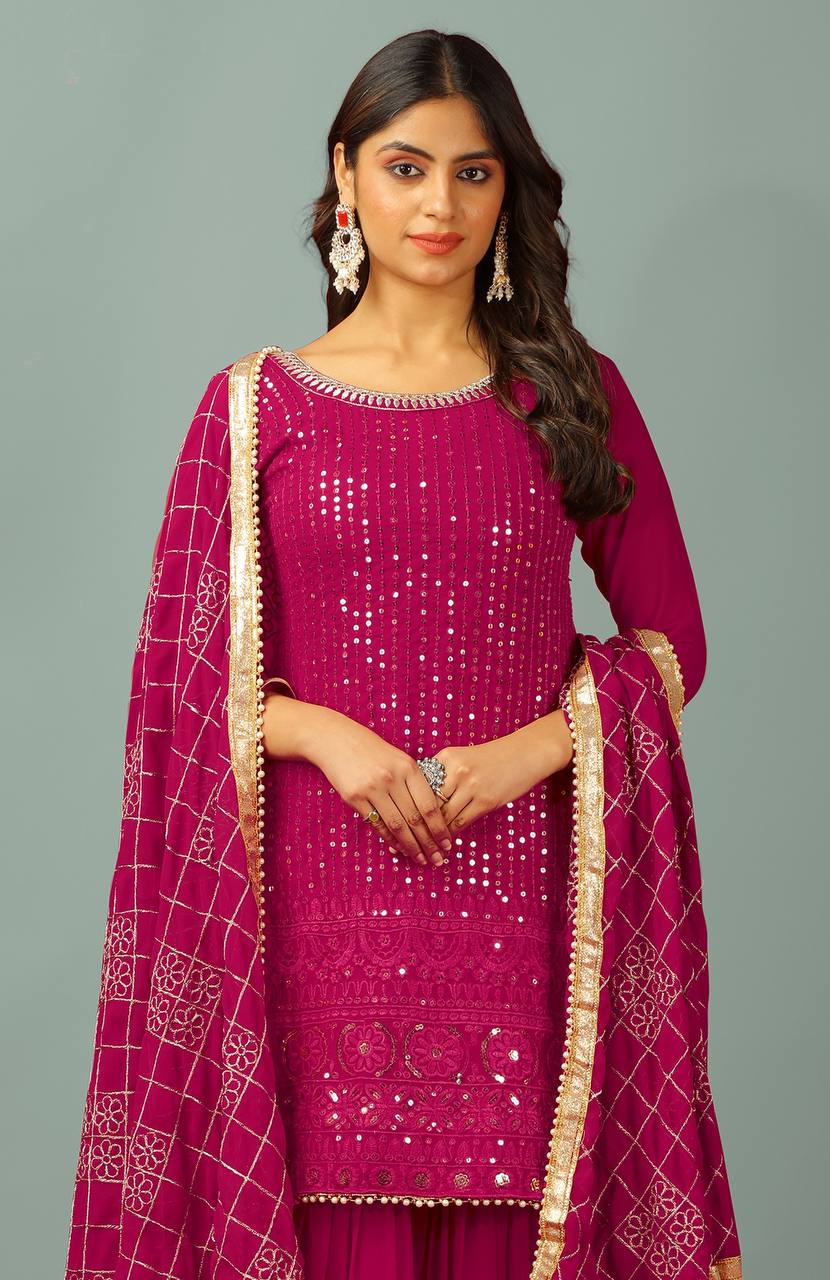 Zari Mirror Work Georgette Sharara Suit Set - Drapes Dress