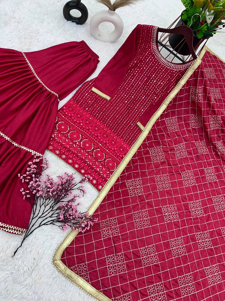 Zari Mirror Work Georgette Sharara Suit Set - Drapes Dress