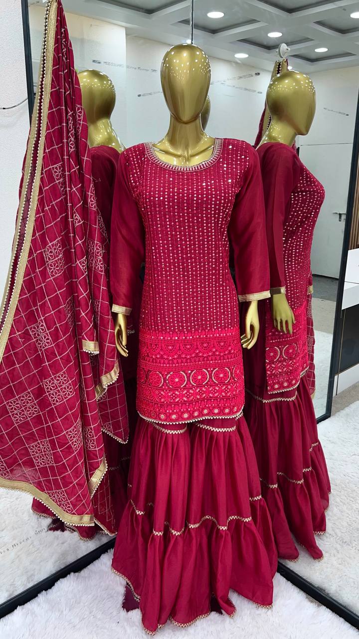 Zari Mirror Work Georgette Sharara Suit Set - Drapes Dress