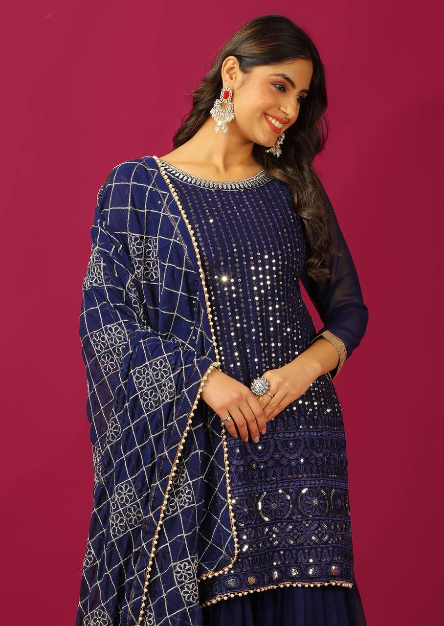 Zari Mirror Work Georgette Sharara Suit Set - Drapes Dress