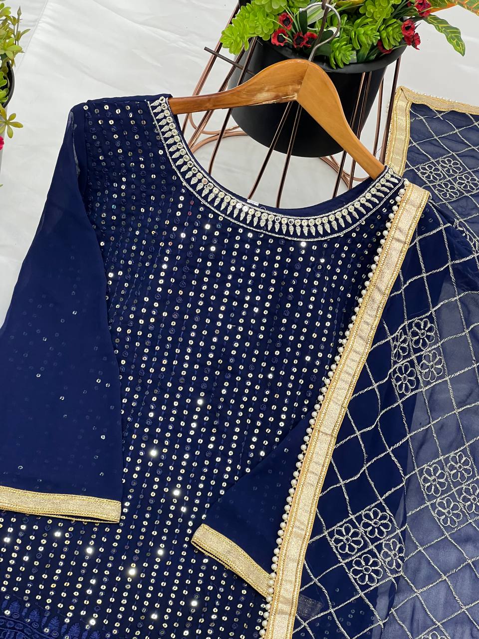 Zari Mirror Work Georgette Sharara Suit Set - Drapes Dress