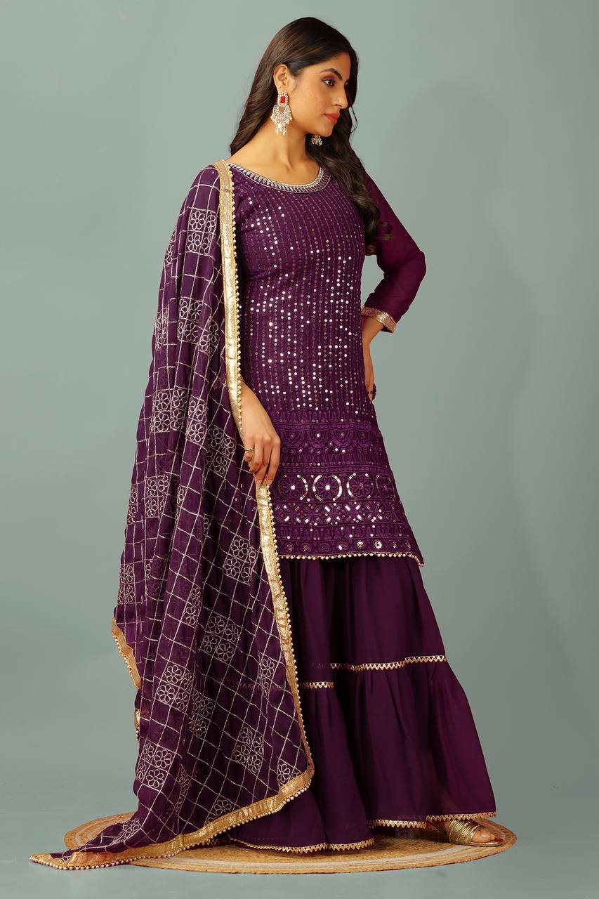 Zari Mirror Work Georgette Sharara Suit Set - Drapes Dress