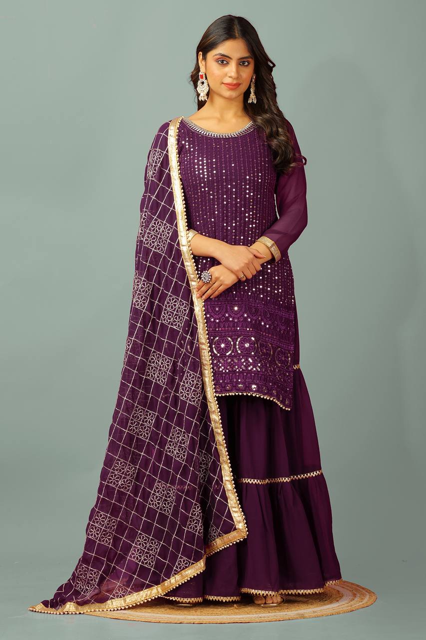 Zari Mirror Work Georgette Sharara Suit Set - Drapes Dress