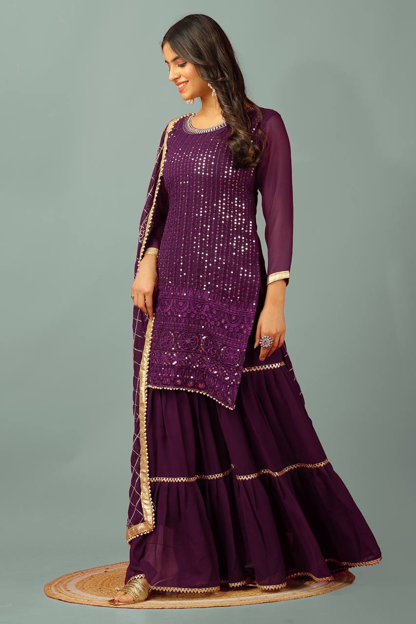 Zari Mirror Work Georgette Sharara Suit Set - Drapes Dress