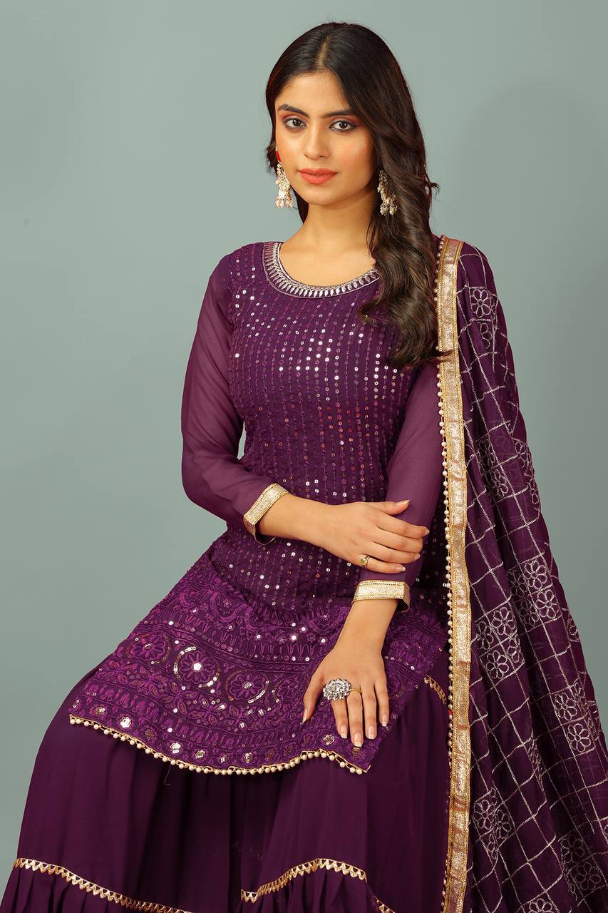 Zari Mirror Work Georgette Sharara Suit Set - Drapes Dress