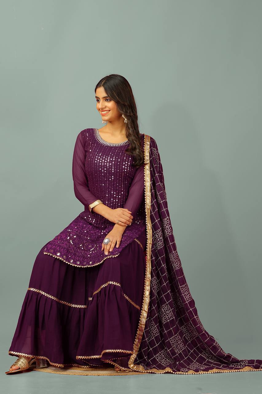 Zari Mirror Work Georgette Sharara Suit Set - Drapes Dress