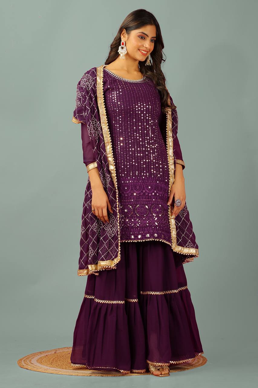 Zari Mirror Work Georgette Sharara Suit Set - Drapes Dress