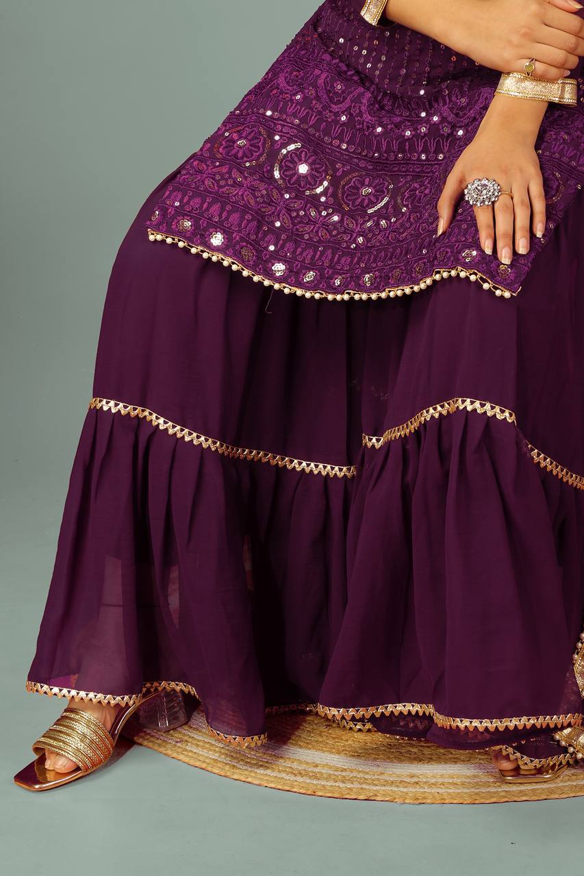 Zari Mirror Work Georgette Sharara Suit Set - Drapes Dress
