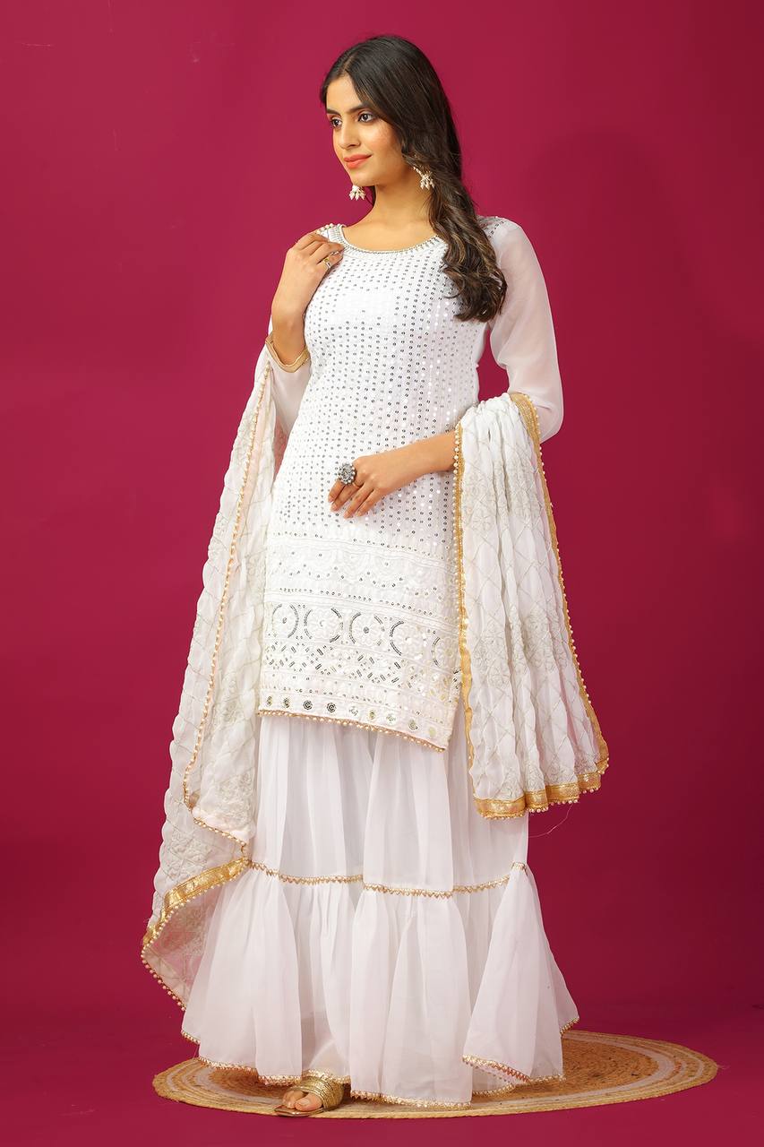 Zari Mirror Work Georgette Sharara Suit Set - Drapes Dress