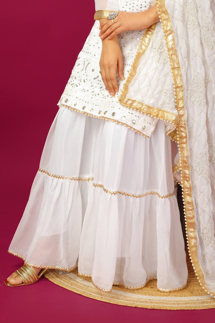 Zari Mirror Work Georgette Sharara Suit Set - Drapes Dress