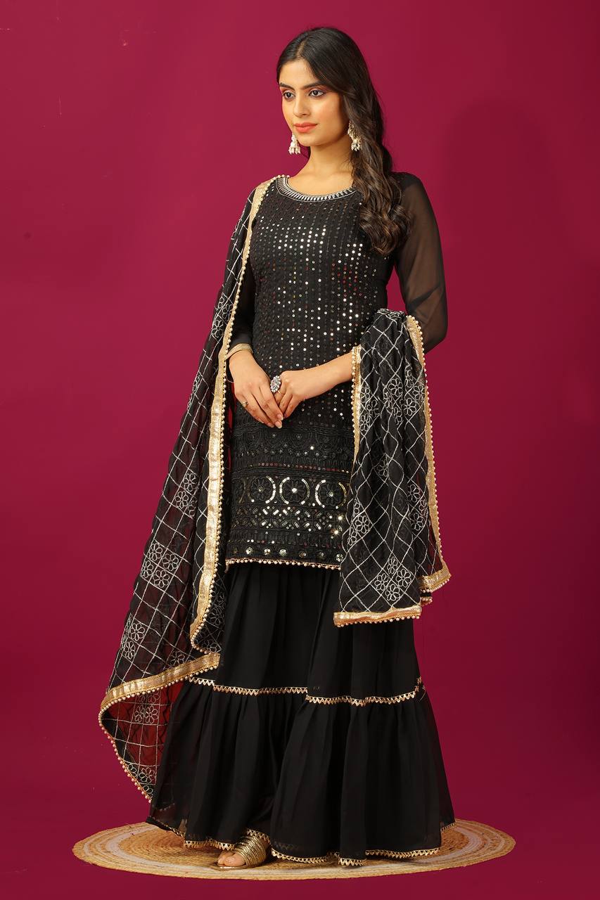 Zari Mirror Work Georgette Sharara Suit Set - Drapes Dress