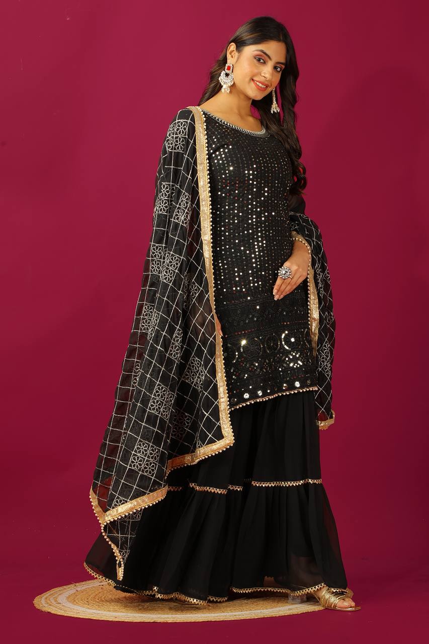 Zari Mirror Work Georgette Sharara Suit Set - Drapes Dress