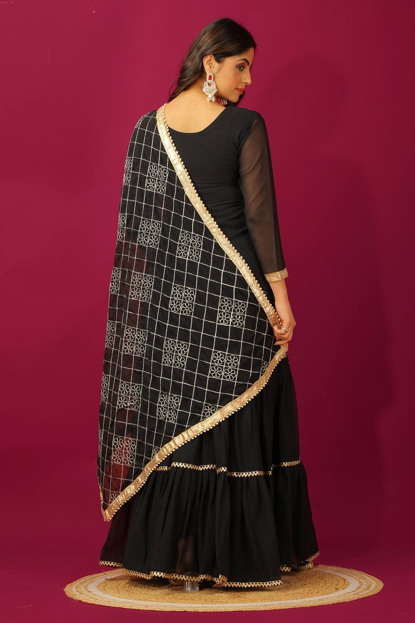 Zari Mirror Work Georgette Sharara Suit Set - Drapes Dress