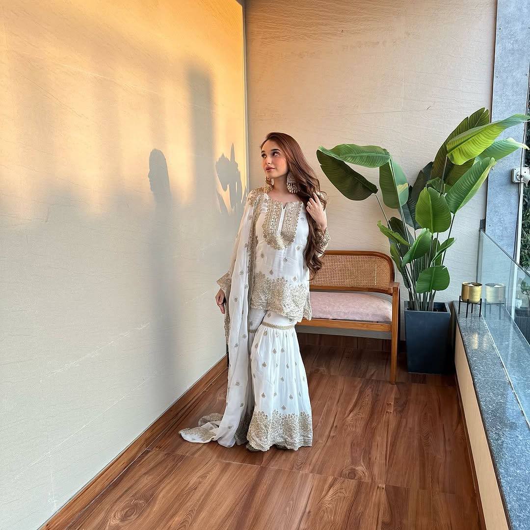 Ivory Golden Zari Embroidered Sharara Suit - Drapes Dress