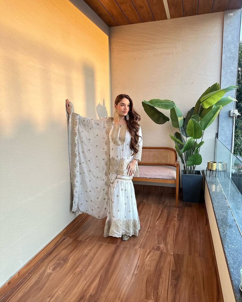 Ivory Golden Zari Embroidered Sharara Suit - Drapes Dress