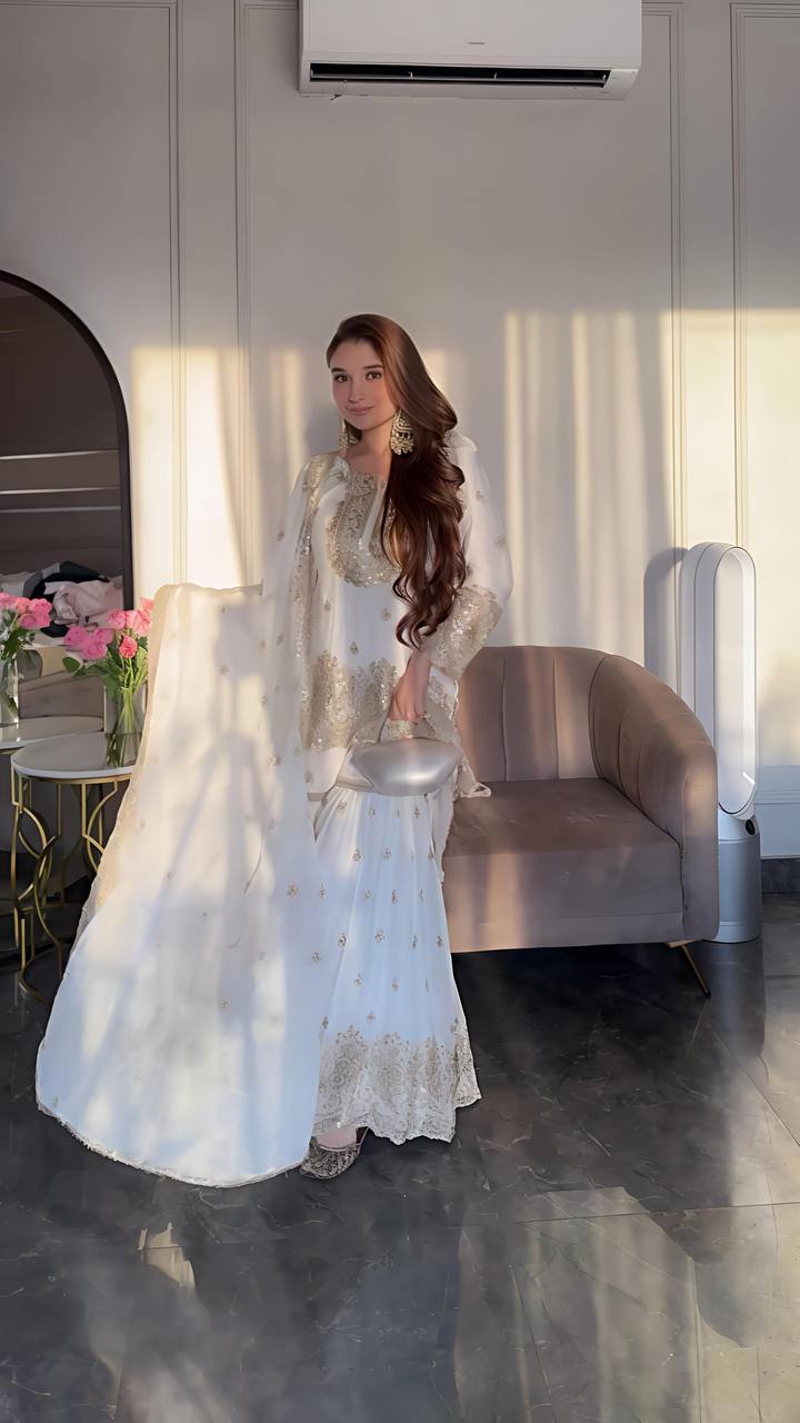 Ivory Golden Zari Embroidered Sharara Suit - Drapes Dress