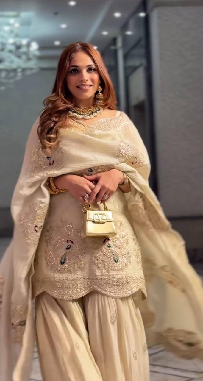 Golden Pearl Embroidered Luxury Sharara Set - Drapes Dress