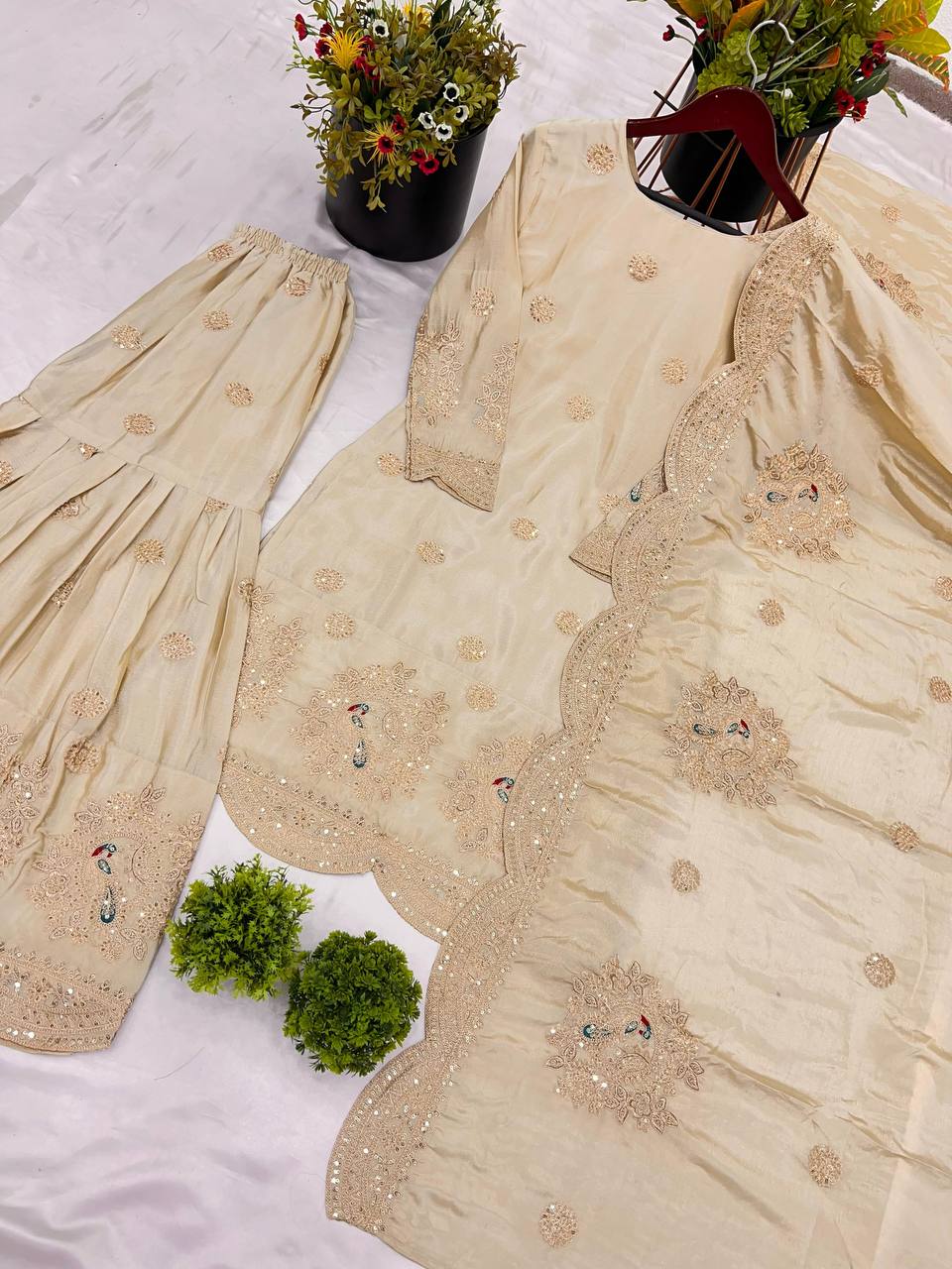 Golden Pearl Embroidered Luxury Sharara Set - Drapes Dress