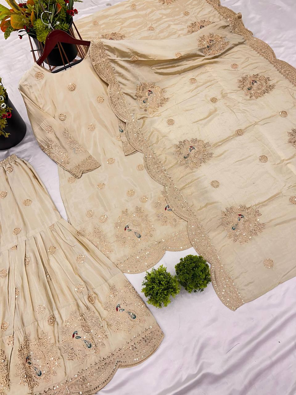 Golden Pearl Embroidered Luxury Sharara Set - Drapes Dress