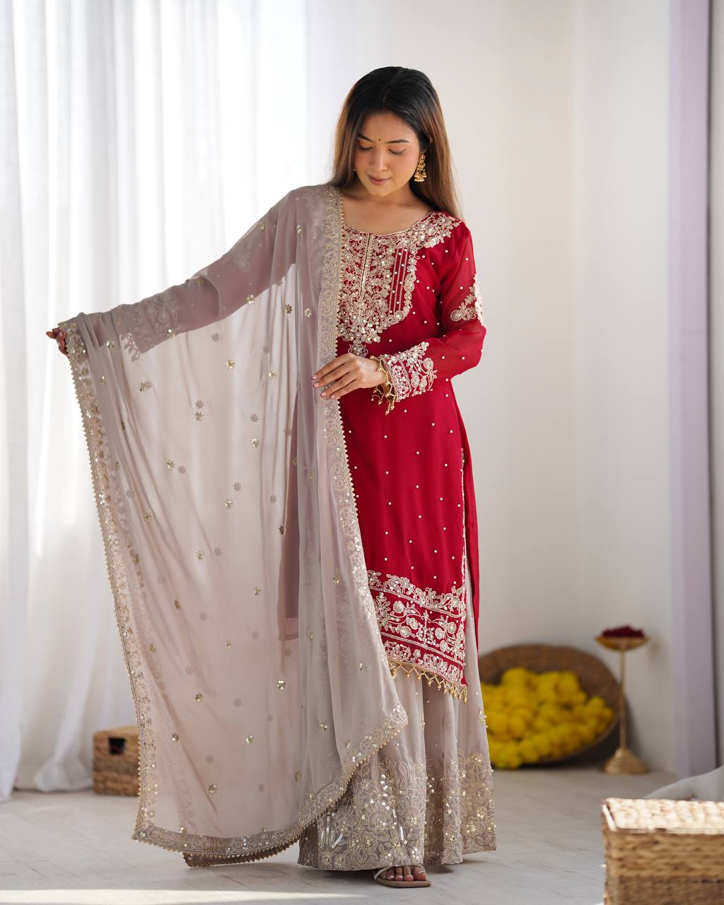 Crimson Royal Zari Embroidered Sharara Set - Drapes Dress