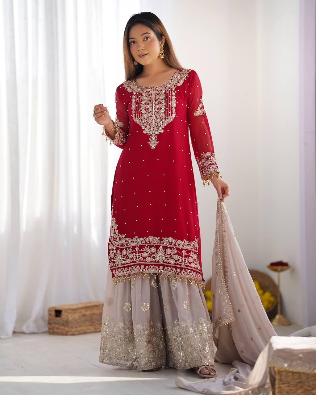 Crimson Royal Zari Embroidered Sharara Set - Drapes Dress