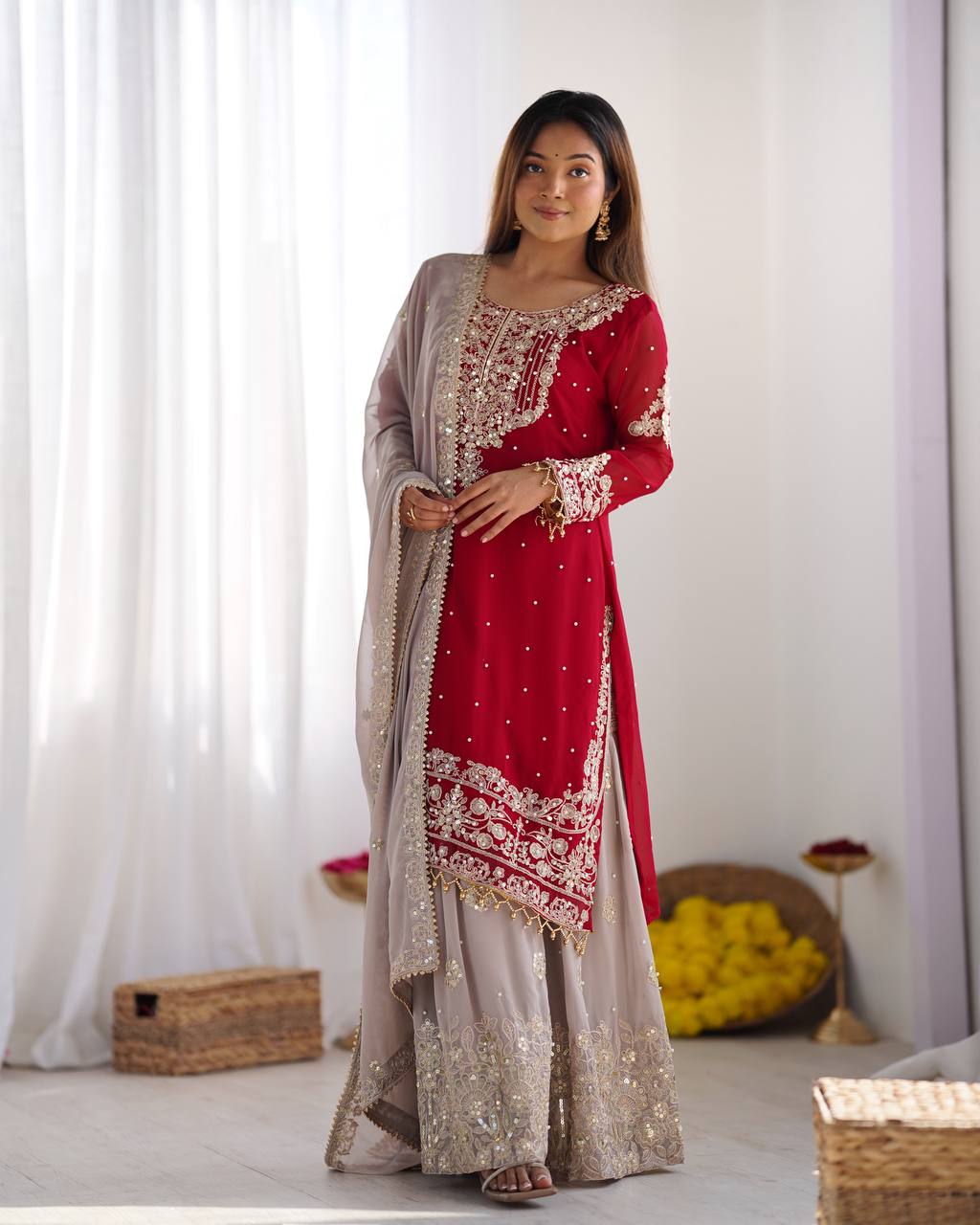 Crimson Royal Zari Embroidered Sharara Set - Drapes Dress