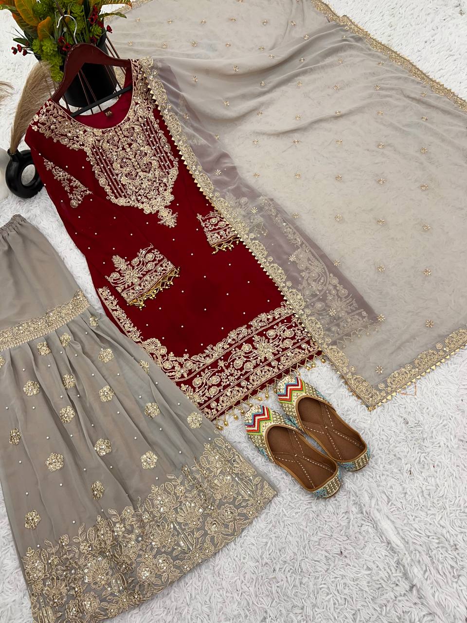 Crimson Royal Zari Embroidered Sharara Set - Drapes Dress