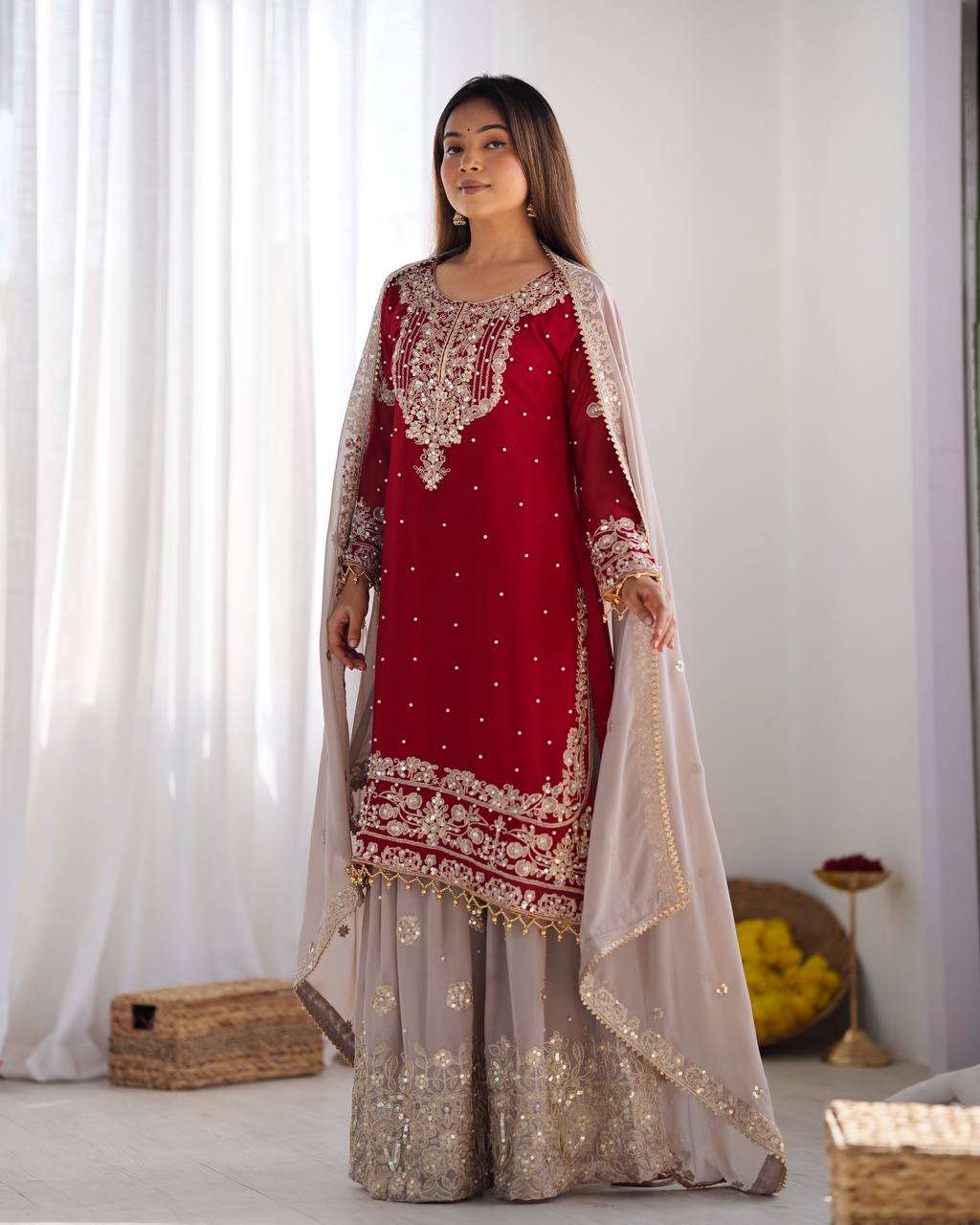 Crimson Royal Zari Embroidered Sharara Set - Drapes Dress