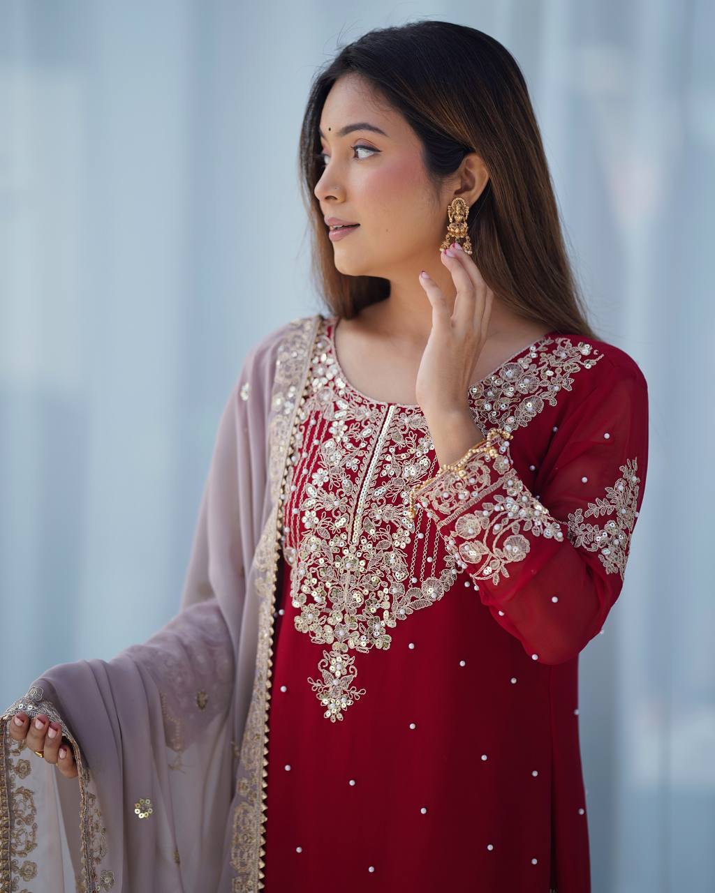 Crimson Royal Zari Embroidered Sharara Set - Drapes Dress