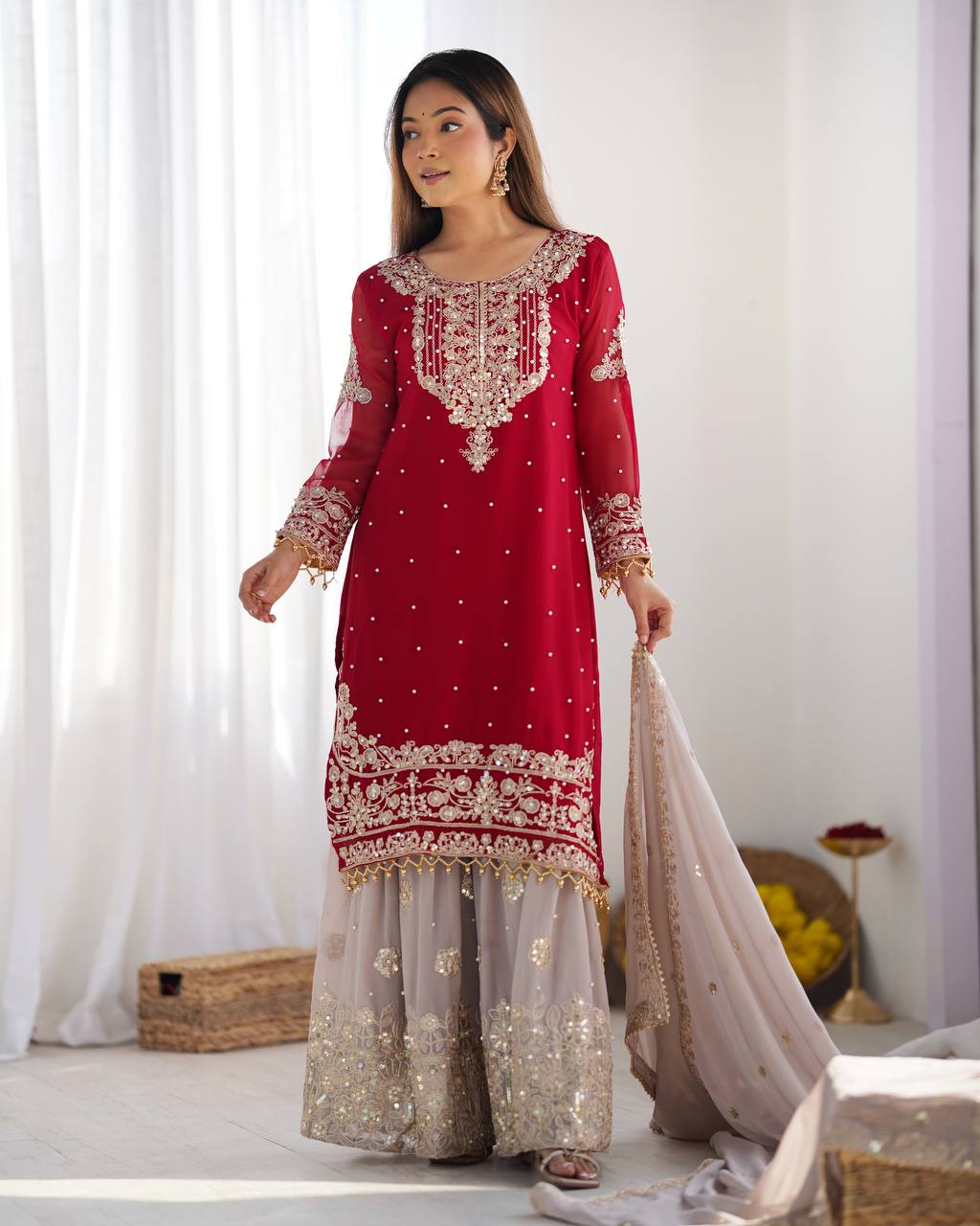 Crimson Royal Zari Embroidered Sharara Set - Drapes Dress