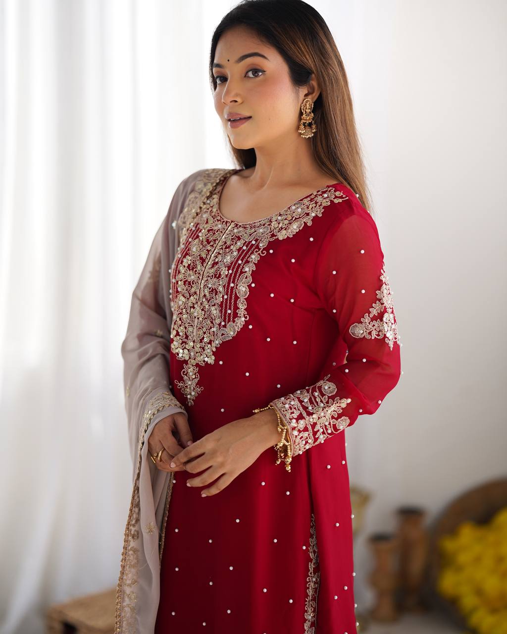 Crimson Royal Zari Embroidered Sharara Set - Drapes Dress