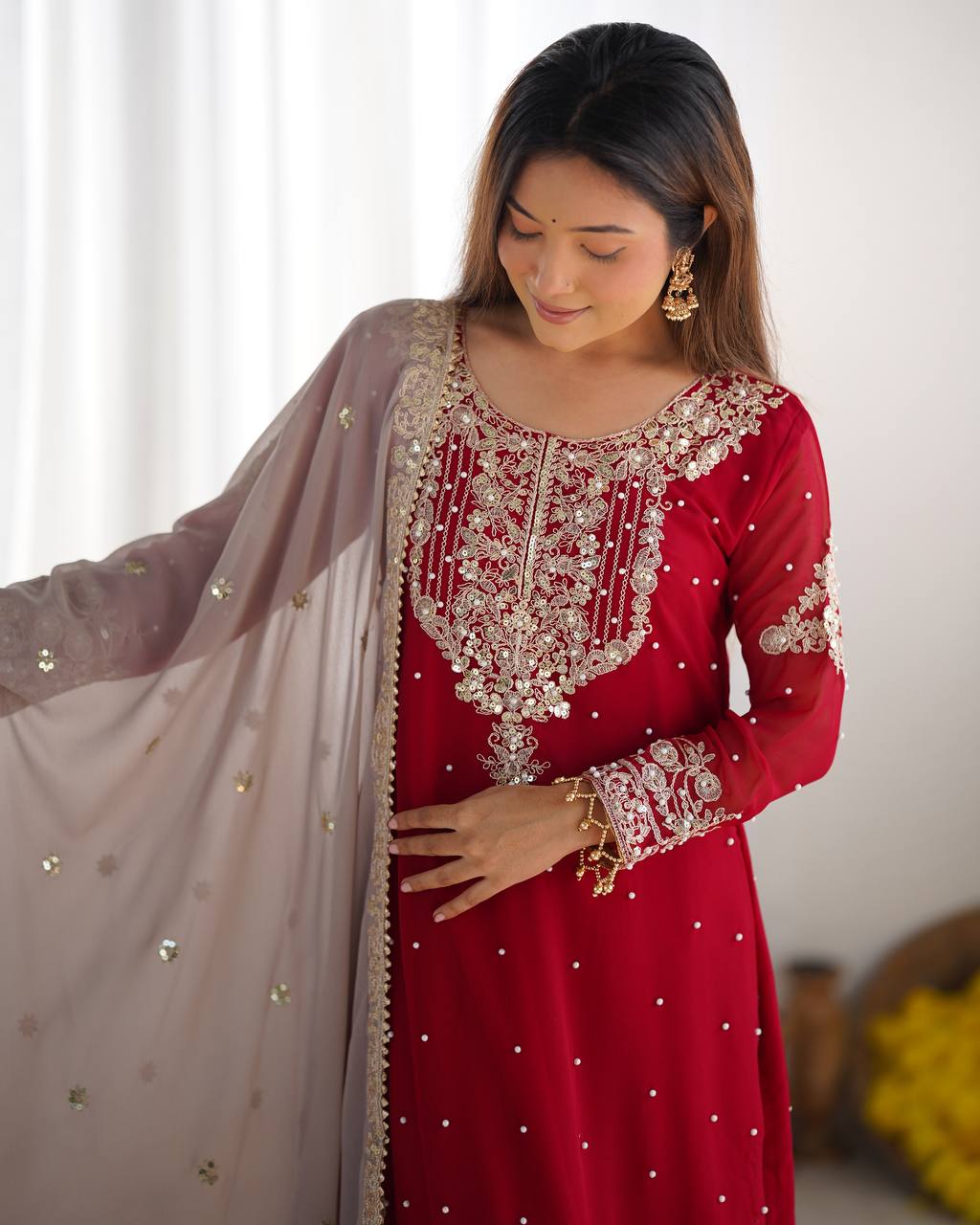 Crimson Royal Zari Embroidered Sharara Set - Drapes Dress
