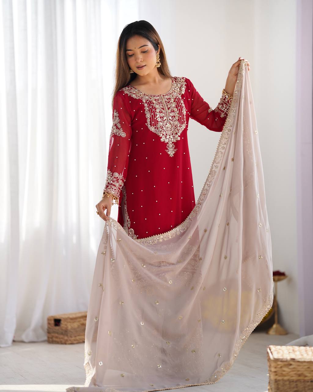 Crimson Royal Zari Embroidered Sharara Set - Drapes Dress