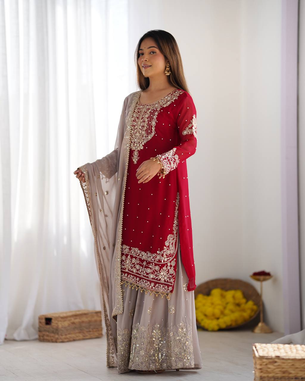 Crimson Royal Zari Embroidered Sharara Set - Drapes Dress