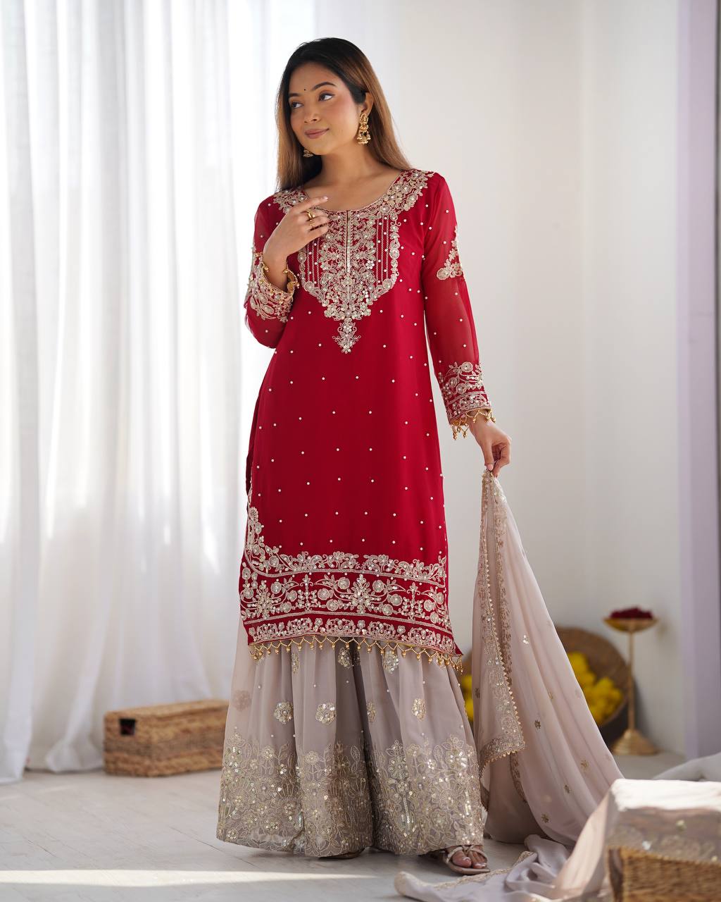 Crimson Royal Zari Embroidered Sharara Set - Drapes Dress