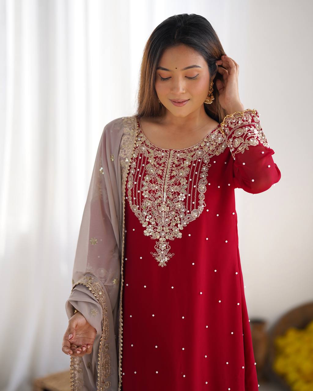 Crimson Royal Zari Embroidered Sharara Set - Drapes Dress