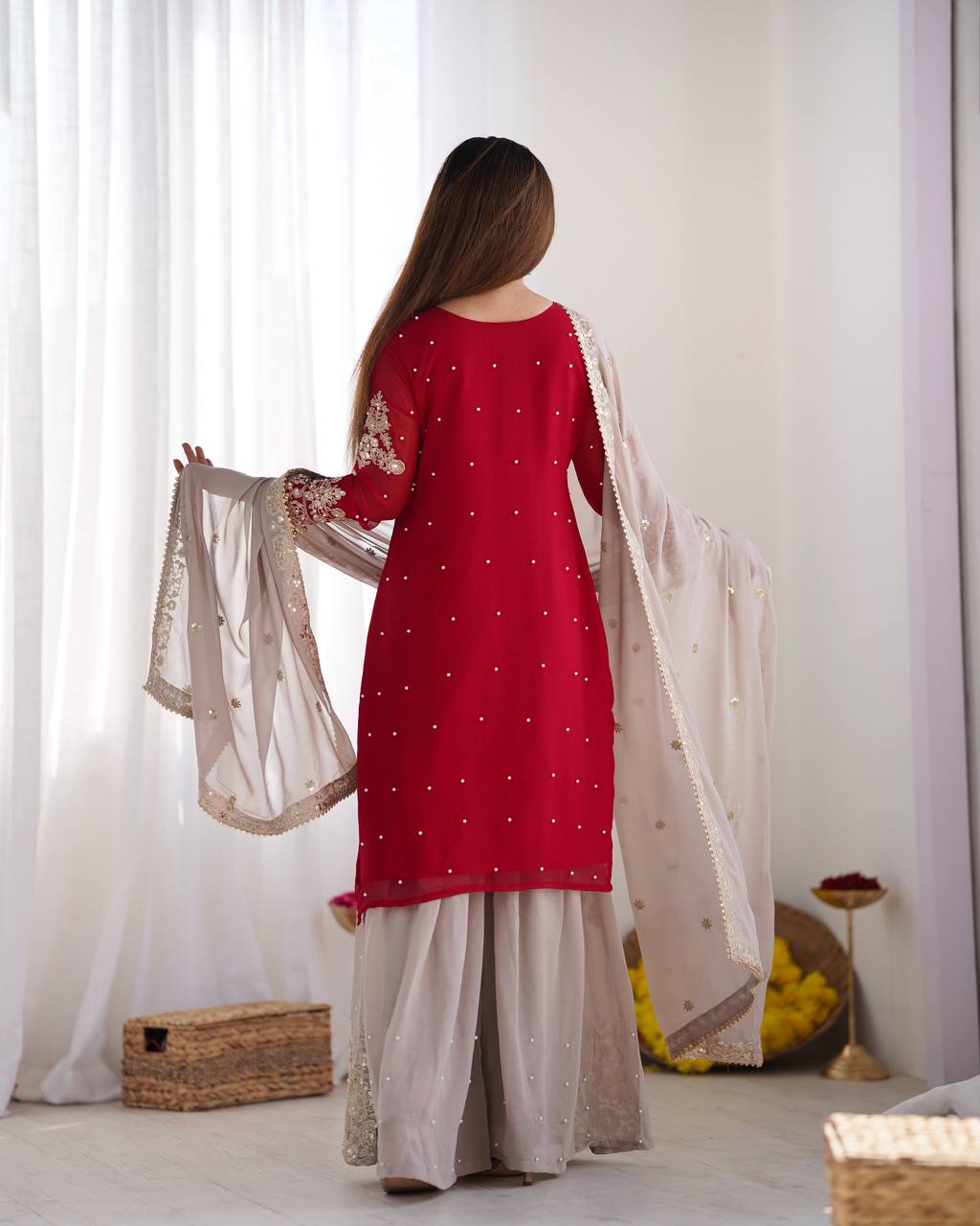 Crimson Royal Zari Embroidered Sharara Set - Drapes Dress