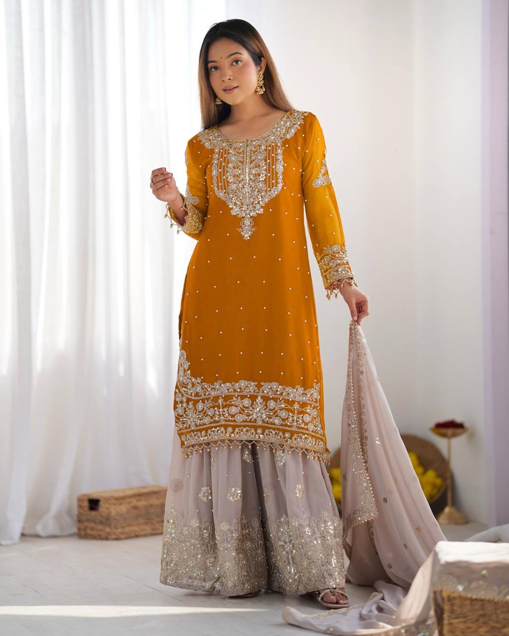 Crimson Royal Zari Embroidered Sharara Set - Drapes Dress
